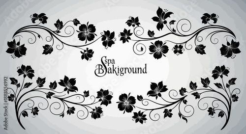 Elegant black floral pattern frame for spa design with hibiscus flowers and leaves