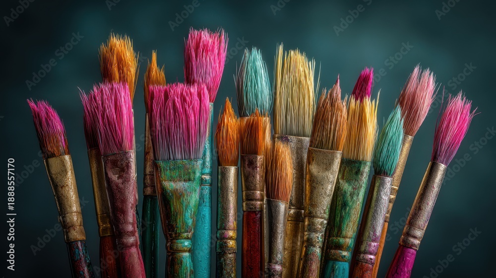 Fototapeta premium Brightly Colored Paintbrushes Fanned Out For Artistic Creation