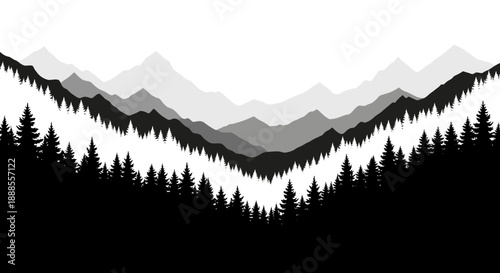 Monochrome mountain range with evergreen trees landscape vector illustration
