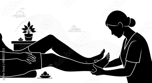 Monochrome illustration showcasing a foot massage therapy session in a serene spa setting