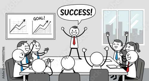 Business team celebrating success in a meeting room with charts.