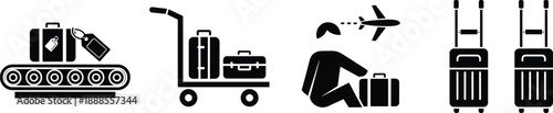 Air travel and luggage handling icon set, passenger waiting, baggage cart, conveyor belt, suitcase symbols, cad drawing flat vector artwork