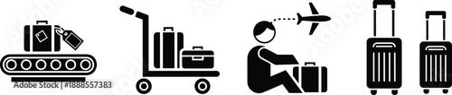Air travel and luggage icon illustration set, baggage handling and passenger waiting symbols, cad drawing flat vector artwork, black and white
