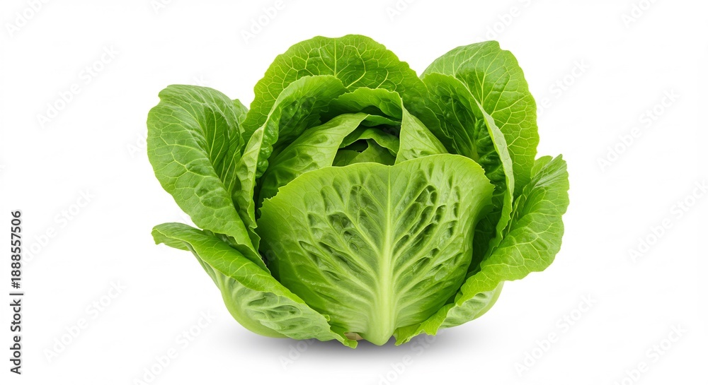 Obraz premium Vibrant fresh green Romaine lettuce head isolated on pure white bathed in bright studio light highlighting crisp textures. AI Generated