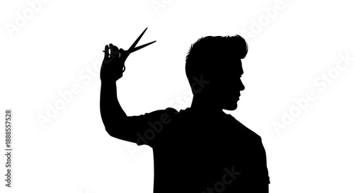 Silhouette of a stylish male hairdresser holding scissors preparing to cut hair