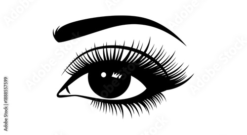 Elegant black and white illustration featuring a stylized eye with long lashes and eyebrow
