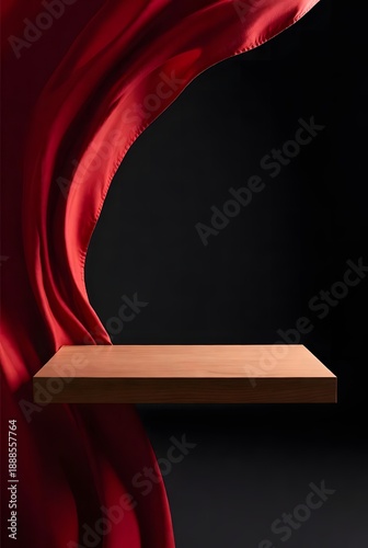 Luxurious crimson fabric draped behind a simple wooden platform, creating an elegant display against a dark backdrop