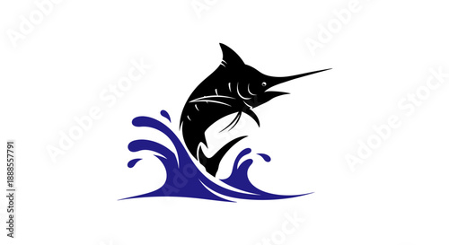 A dynamic graphic of a marlin jumping out of the water conveys energy and strength