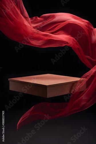 Minimalist Presentation Stage Adorned with Vibrant Red Drapery, Creating a Sophisticated and Dynamic Background for Showcasing Products