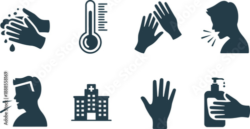 A comprehensive collection of health and disease prevention icons showcasing hygiene practices and medical care