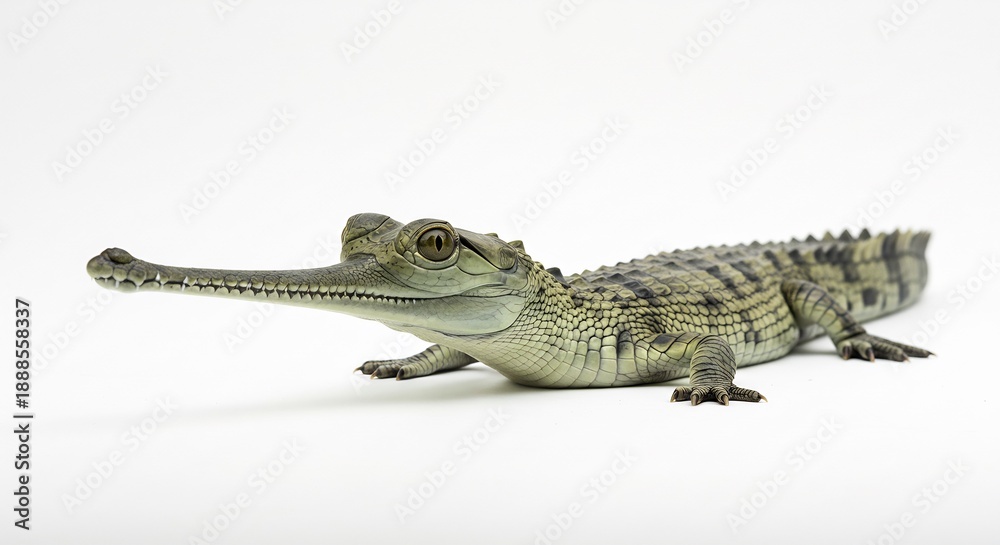 Naklejka premium Endangered gavial reptile with a remarkably long slender snout stands on a white studio background showing distinct features. AI Generated