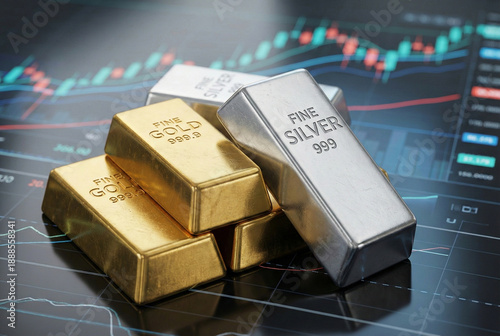 Commodity market trading with gold and silver bullion bars on stock chart