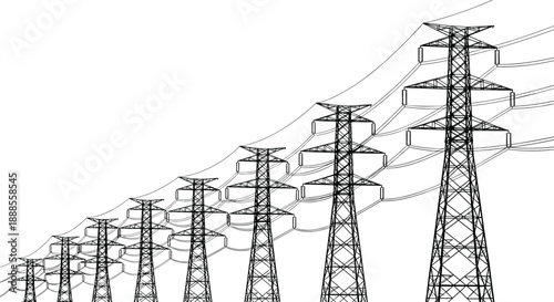Electric power transmission towers line art illustration with high voltage lines, industrial energy infrastructure concept isolated on white background, engineering and utility vector design