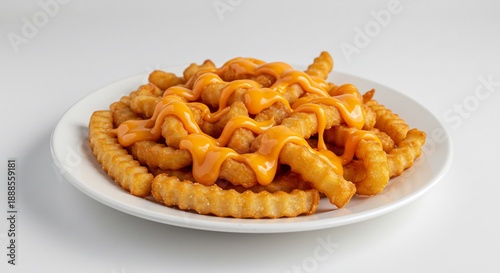 Appetizing wavy golden french fries abundantly covered with creamy orange cheese sauce brightly lit on a white plate. AI Generated
