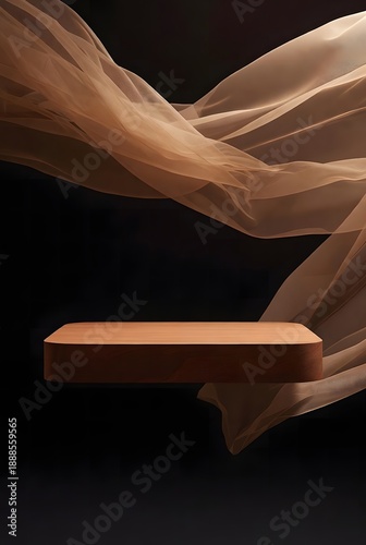 Elegant floating display podium with flowing caramel fabric on a dark background, perfect for showcasing luxury products or artistic concepts