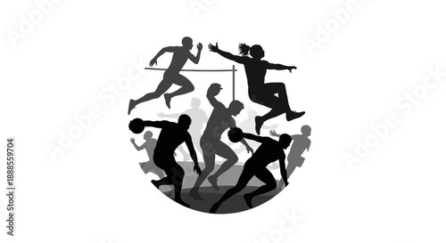 Diverse athletes competing in dynamic sports silhouettes