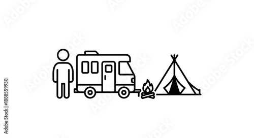 Camping scene with RV tent and campfire icon.