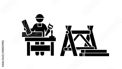 Carpenter working at a workbench with tools and wood.