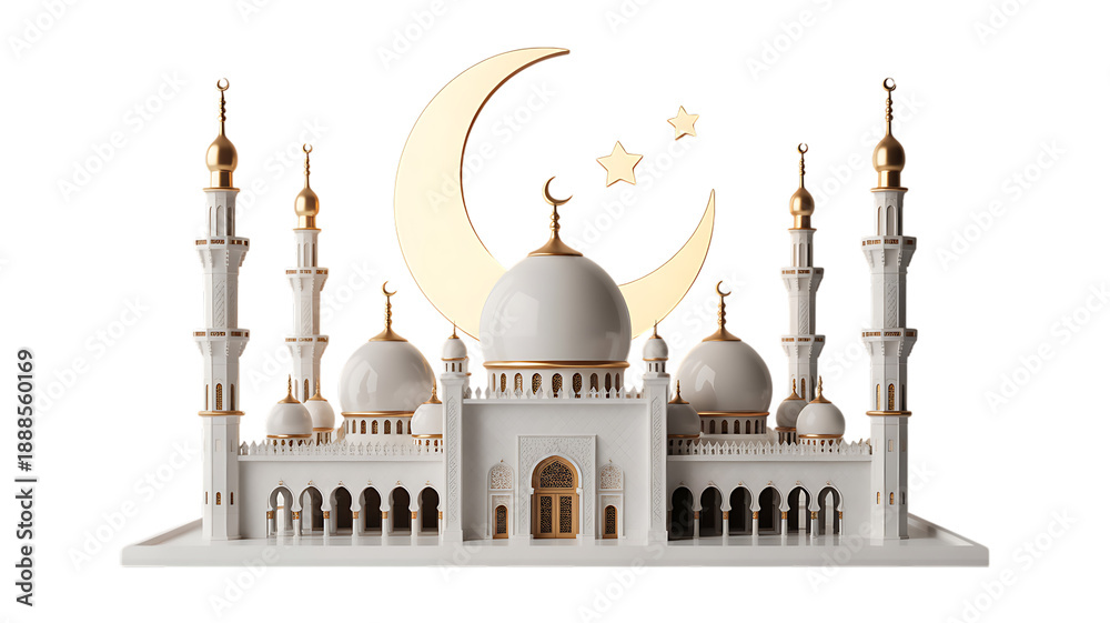 Obraz premium White mosque with gold accents and crescent moon on transparent background transparent background