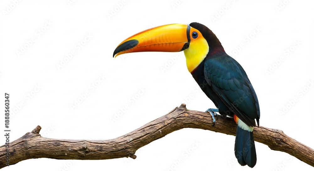 Fototapeta premium Vibrant toucan with its striking yellow throat and large orange beak stands out boldly against a pristine white background. AI Generated