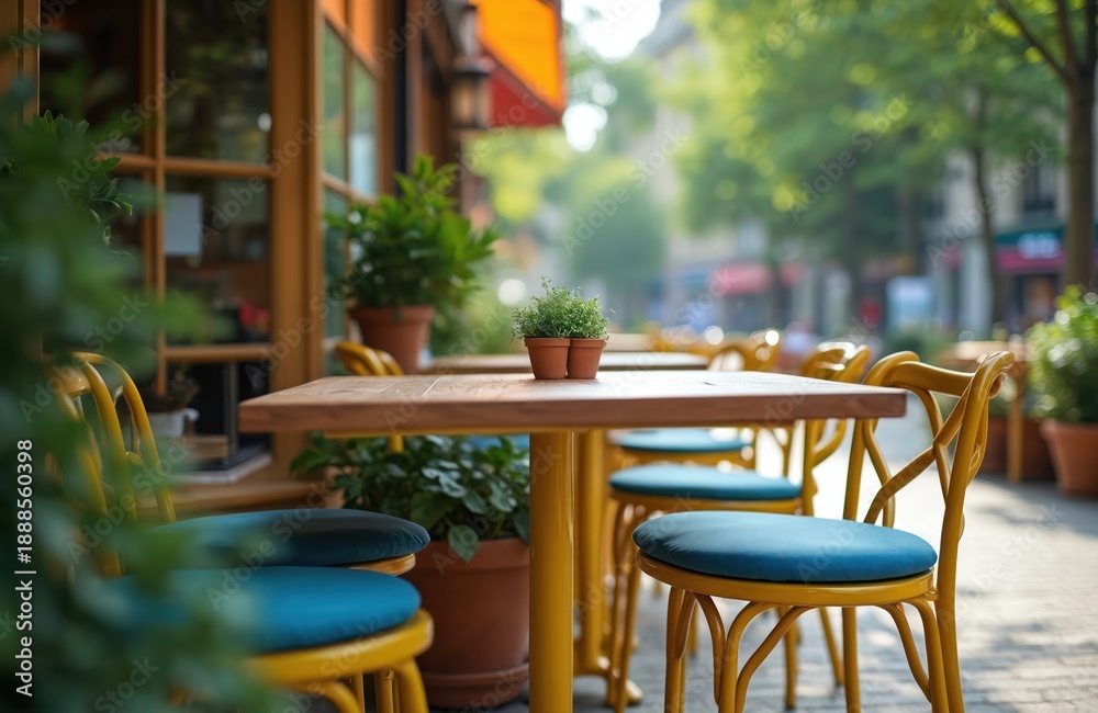 Obraz premium Empty street cafe with yellow chairs and blue cushions. Tables with potted plants are set for dining on sunny day. Exterior seating offers relaxed atmosphere.