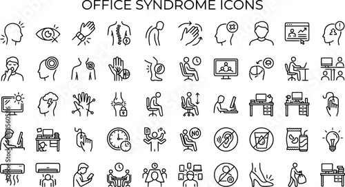 Set of Office Syndrome Line Icons for Ergonomics Health Issues Back Pain and Neck Strain in Minimalist Outline Style Vector
