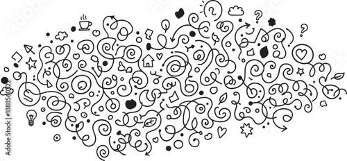 Abstract doodle with various shapes and symbols in black and white