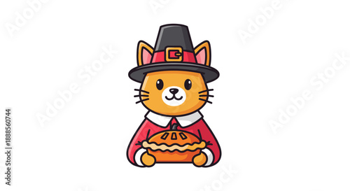 Cute Pilgrim Cat Character Holding a Pumpkin Pie