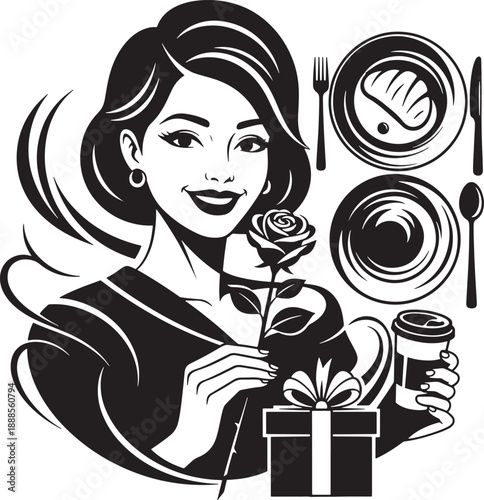 Elegant woman with rose and dining celebration vector Vector