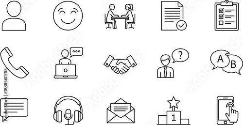 Set of business communication line icons featuring customer support, handshake, phone, email, video chat, checklist, feedback, and professional office interaction illustrations