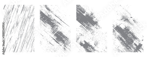 Four grey textured brush stroke backgrounds with speckles and scratches grunge