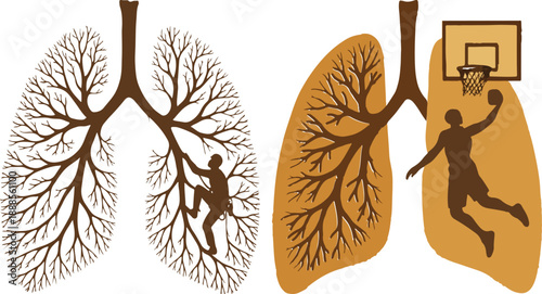 Lungs shaped like tree with climber silhouette  Lungs with basketball hoop and dunking player