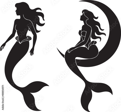 Silhouette of two mermaids one swimming and the other sitting on a crescent moon