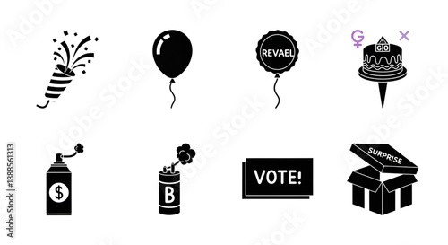 Gender reveal party and baby shower celebration surprise icon set