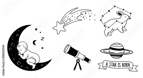 Celestial baby shower elements with sleeping baby moon and stars vector