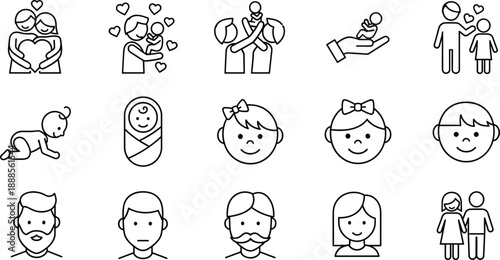 Set of family and life cycle line icons featuring newborn baby, childhood, parenting, love, fatherhood, motherhood, beard styles, and couples