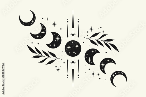 Floral moon phase vector illustration. Crescent and floral moon vintage logo design. 