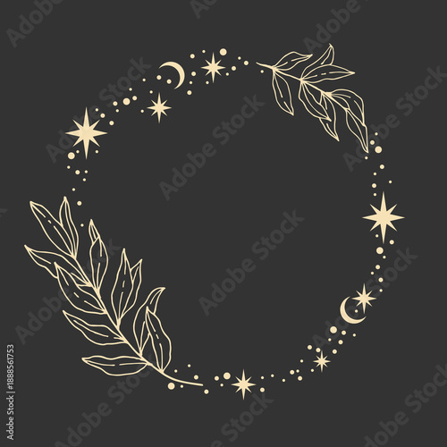 Magic vector frame with moon, stars and plants. Mystic frame for tarot, esoteric, astrology design. Template for poster and prints.