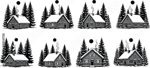 Log cabin silhouette set in snowy forest with pine trees, chimney smoke, and moon for winter, nature, and rustic design illustration projects.