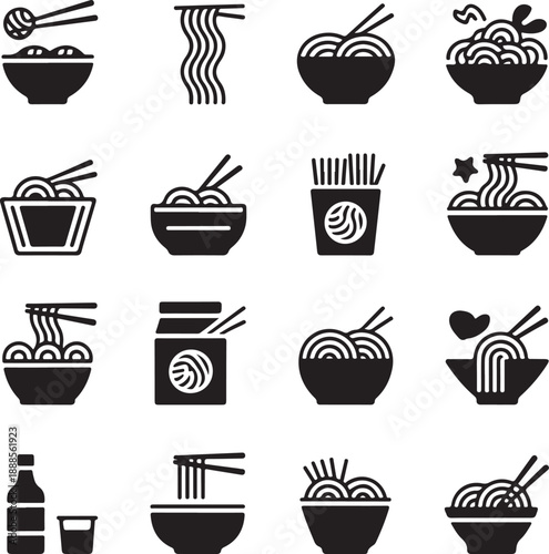 Various noodle dishes and utensils icons