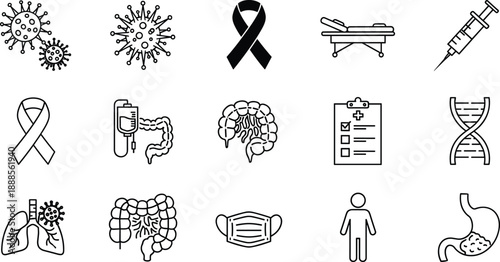 Set of medical healthcare icons featuring virus cells, cancer awareness ribbons, digestive system organs, lung health, medical syringe, DNA, and hospital equipment.