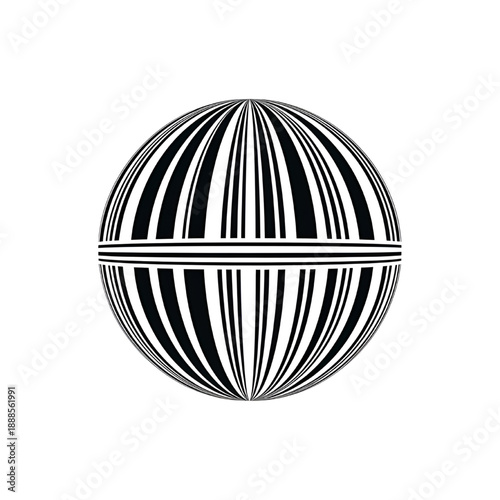 Abstract black and white sphere with dense vertical stripes and central dividing line.