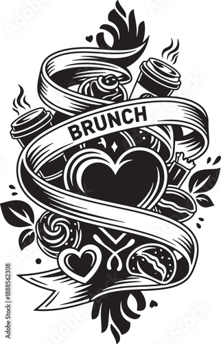 Vintage black and white brunch emblem with coffee and sweets Vector