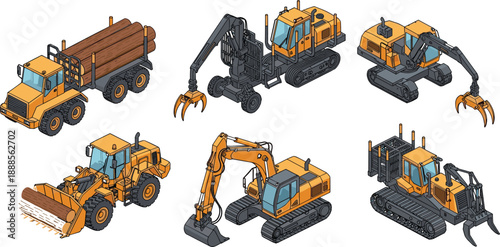 Isometric collection of heavy forestry machinery logging vehicles and construction equipment including log trucks harvesters and excavators for timber harvesting and industrial wood processing 