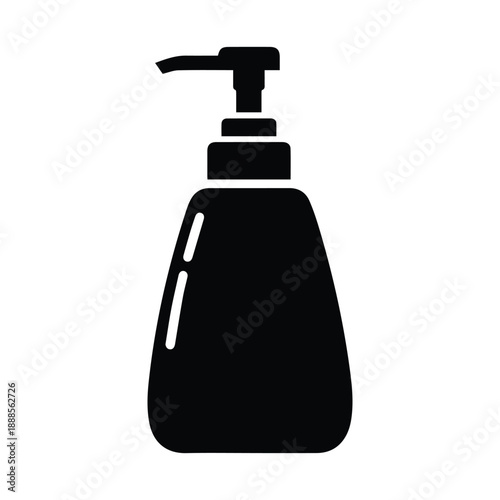 Black silhouette icon of a rounded pump bottle for hand wash or liquid soap, hygiene and skincare packaging design, isolated on white