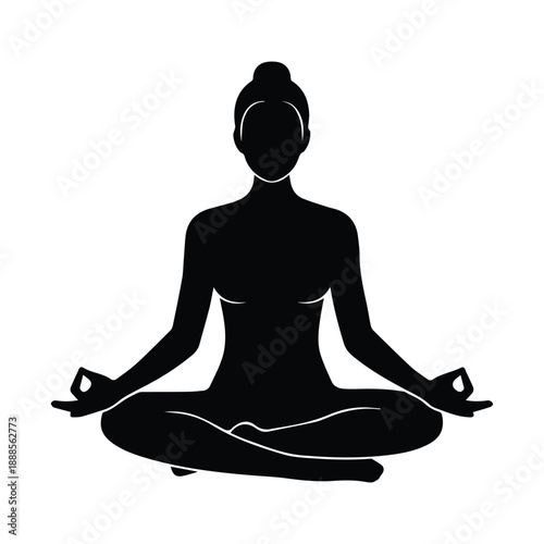 Silhouette of a woman in lotus meditation pose, representing inner peace, mindfulness, yoga practice, and spiritual wellness, isolated on white
