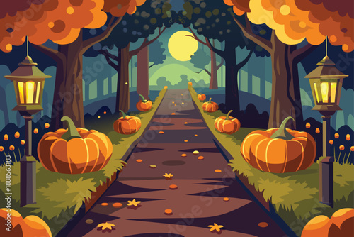 Pathway With Glowing Autumn Lanterns And Pumpkins
