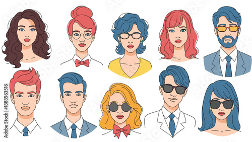 Set of ten diverse character portraits featuring men and women with different hairstyles, glasses, and professional clothing in a flat style.