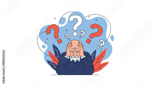 Elderly man expressing confusion and memory loss with question marks floating around his head as a symbol of dementia or Alzheimer disease.
