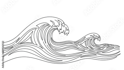 Dynamic hand drawn illustration of stylized ocean waves in a repetitive pattern suggesting movement and power of the sea in a graphic style.